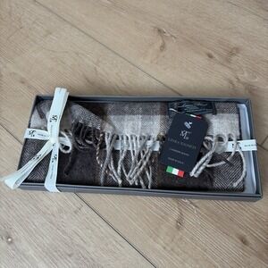 Emmeti Cashmere Wool Blend Scarf Gray Brown Plaid, 12" x 71", Made in Italy